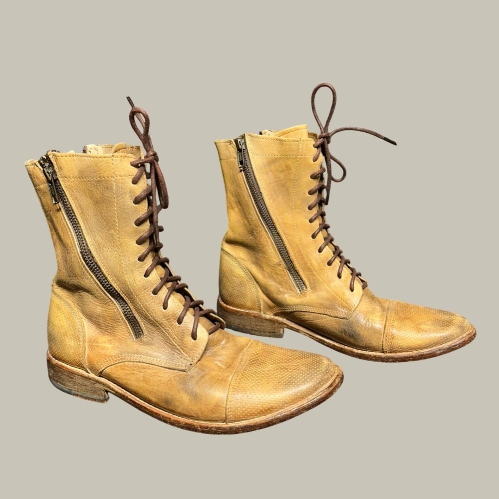 Bed Stu Sabre Leather Combat Boots 9 Tan Indie Gritty Boho Grunge Military Lux